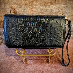 New Faux Ostrich Black Two Zippered Wallet With Wrist Strap